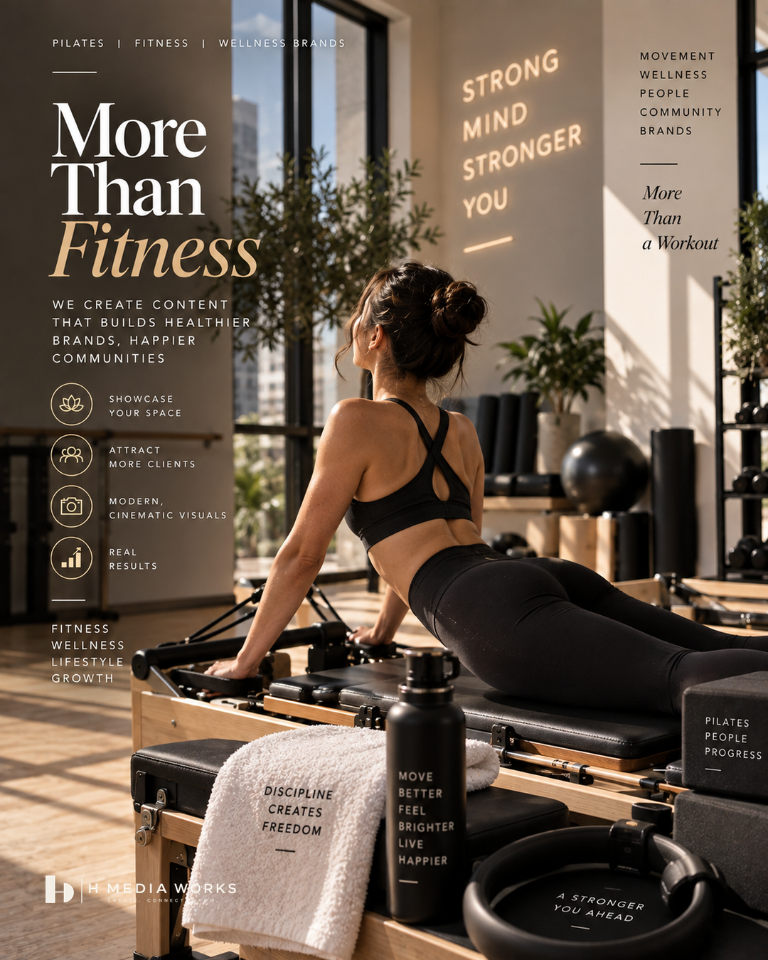 Conceptual Pilates campaign featuring a calm reformer studio