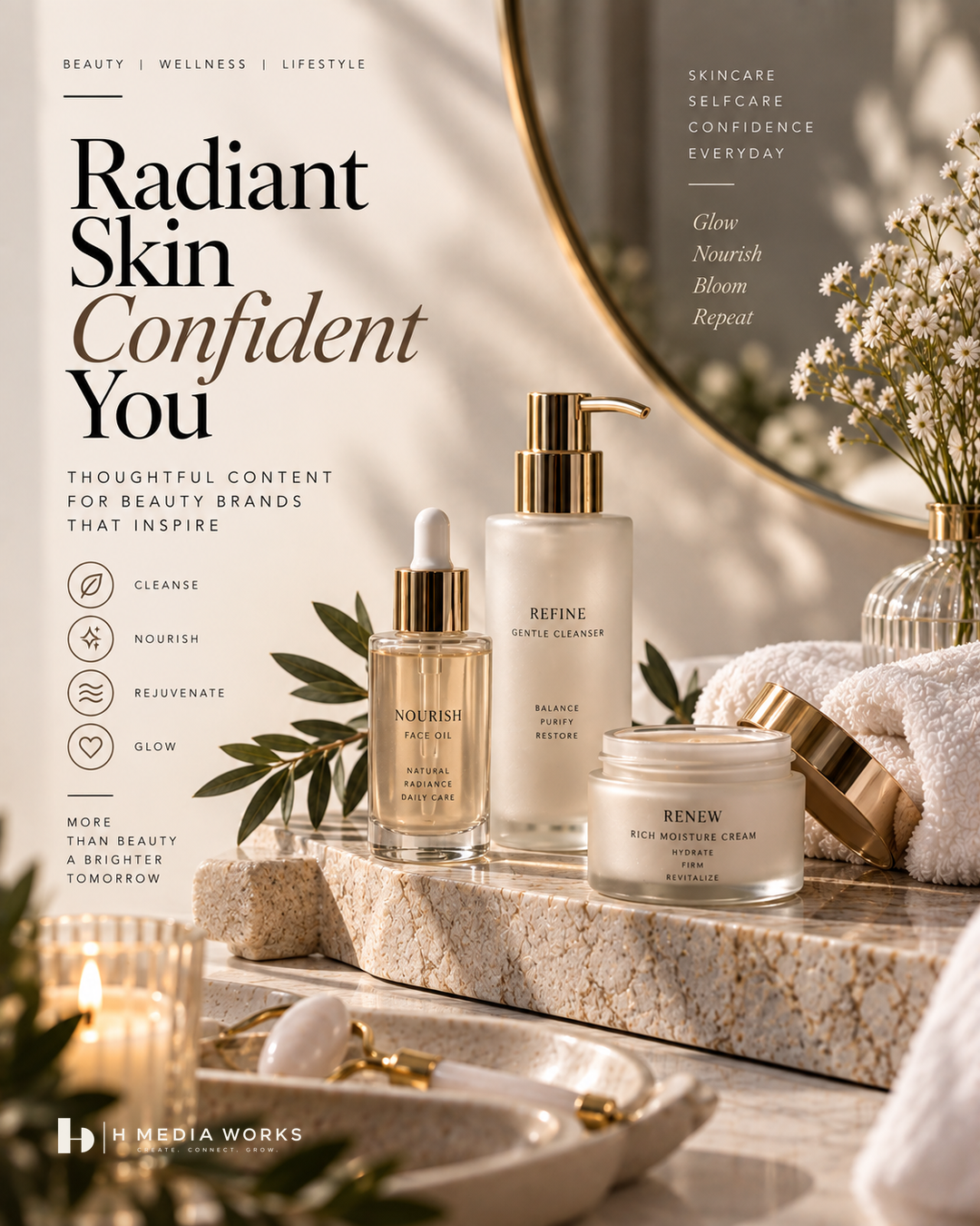 Conceptual skincare campaign with an unbranded serum bottle